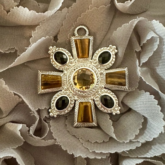 Judith Ripka Sterling Silver Citrine Tigers Eye and Onyx Pendant - Picture 4 of 7